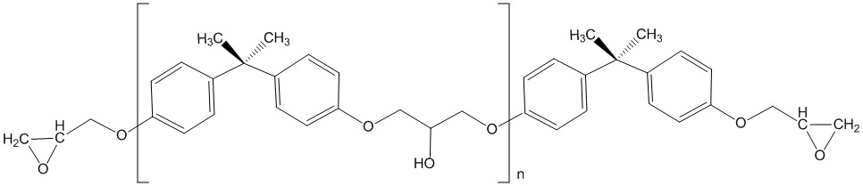 Bisfenol-A diglisidil eter (DGEBA) epoksi reçinesinin yapısı. İki uçtaki üçgenler epoksi halkalarıdır; sertleştirici…