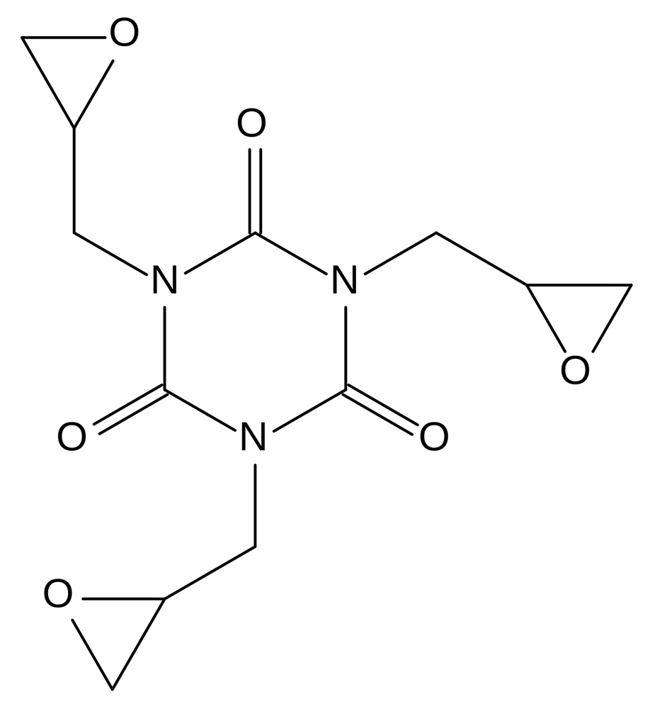 TGIC (triglisidil izosiyanürat) molekülünün yapısı. Üç epoksi halkası, polyesterdeki karboksil uçlarıyla tepkimeye girer.