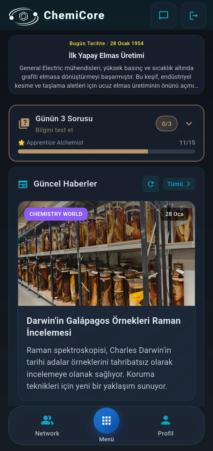 ChemiCore ana sayfa ekranı