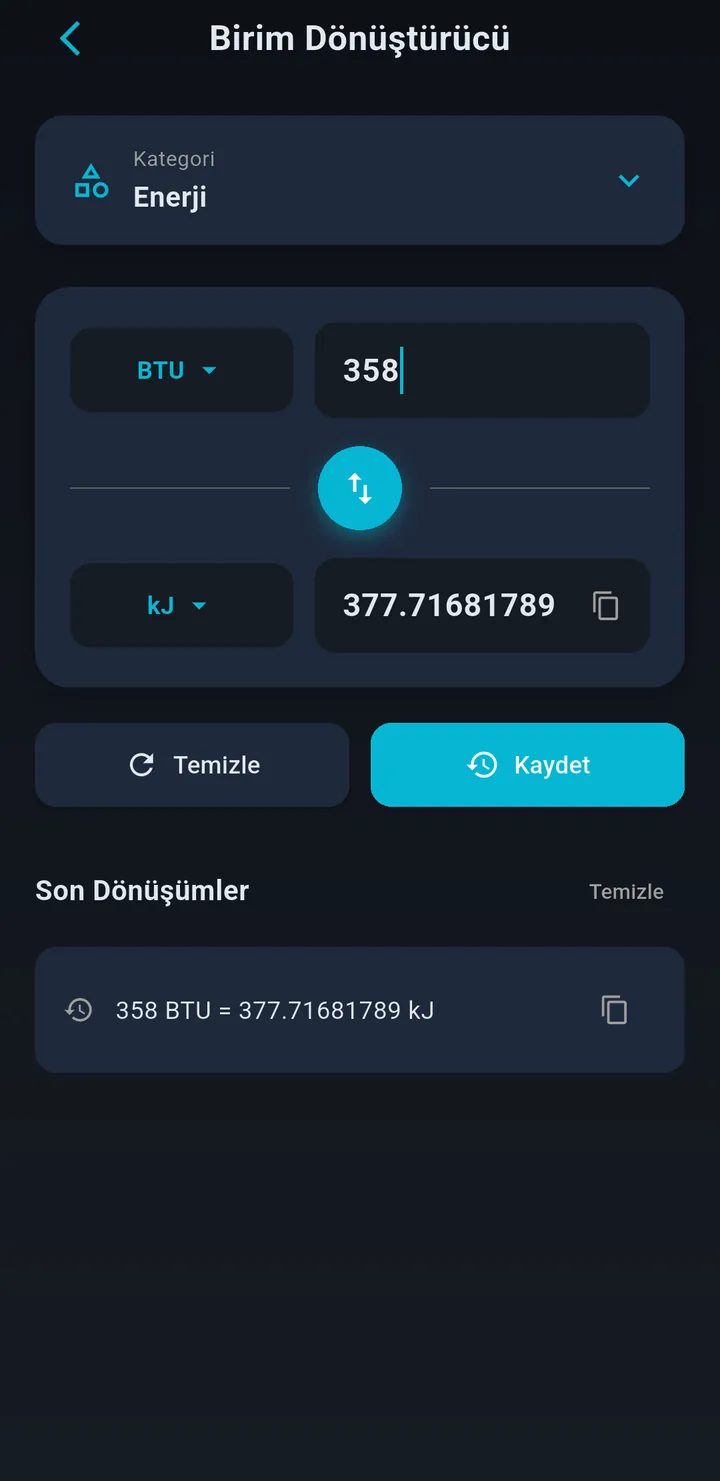 ChemiCore birim çevirici ekranı